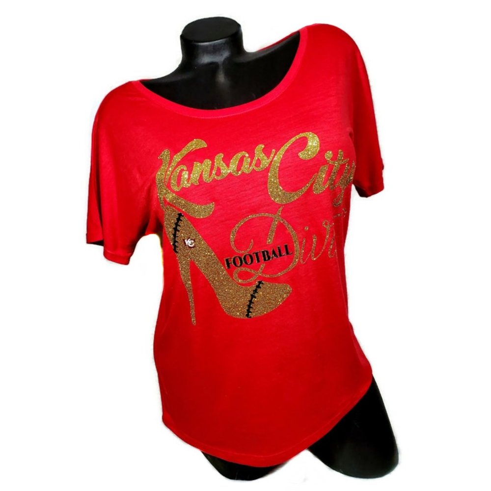 Kansas City Football Diva Loose Fit Hi-low Raw edge Bottom Hem Tee.